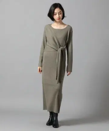 로리즈팜 리브 니트 원피스 롱 레이어드 카키 F 사이즈