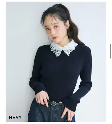 2TYPE 카라 부착 리브 니트 네이비