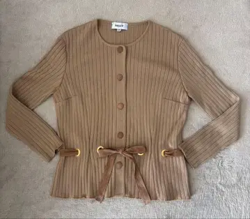 BALLY 베이지 둥근넥 리브 스웨이드 리본 포함 니트 가디건