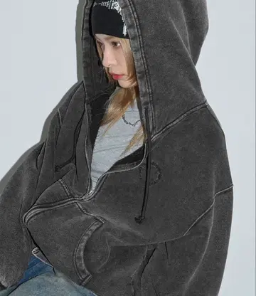 그레이 오버 사이즈 지퍼 후드티 M