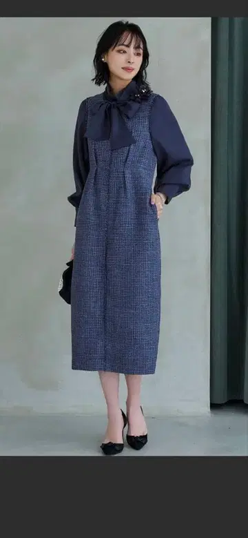 믹스 트위드 콤비 롱 내로우 원피스 드레스