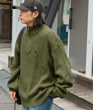 U.S. POLO ASSN. 원포인트 로고 하프 지퍼 니트 카키