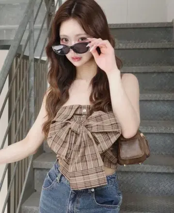 미사용 새상품 Darich 타탄 체크 리본 베어탑