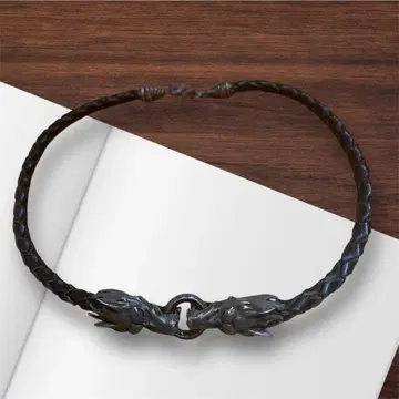 뜨개질 가죽 용머리 팔찌 블랙(실버)