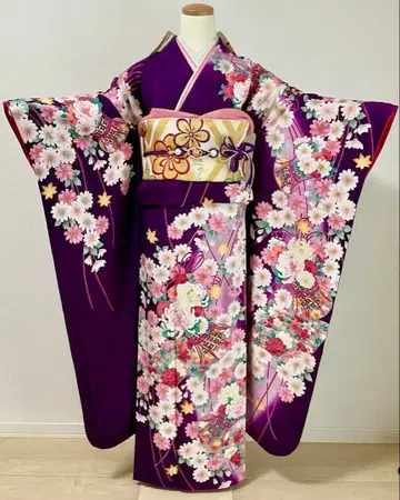 후리소데 보라색 계열 흐림 자수 국화 작은 북 꽃 문양 끈 순수 실크