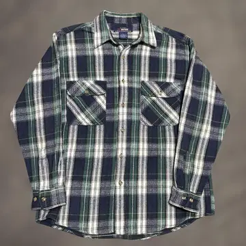 90s~00s 파이브 브라더 헤비 셔츠 L 그린 네이비 x 화이트