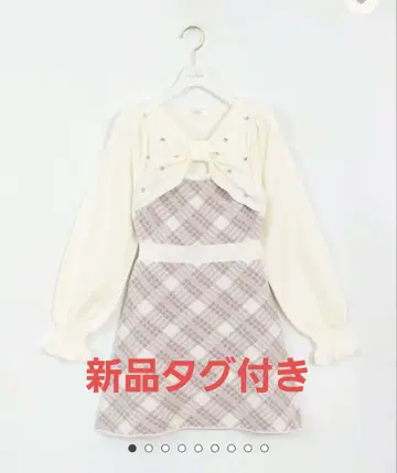 에블린 긴팔 체크 리본 니트 OP 원피스 핑크