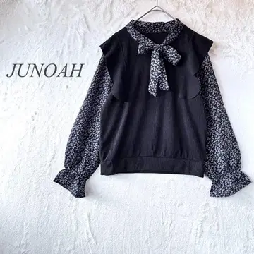JUNOAH 리본 포함 니트 블라우스 도킹 블랙 클로버 패턴 1145