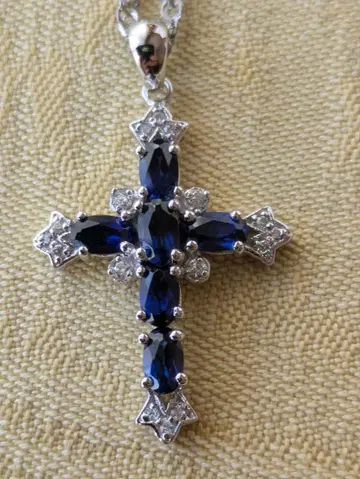 미사용 새상품 파란색 스톤 크로스 목걸이 925 각인 있음