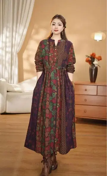 [ 새상품 ] 긴팔 원피스 꽃무늬 벨트 포함