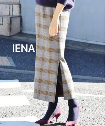 IENA 체크 롱 스커트 타이트 이에나 울 슬릿 34