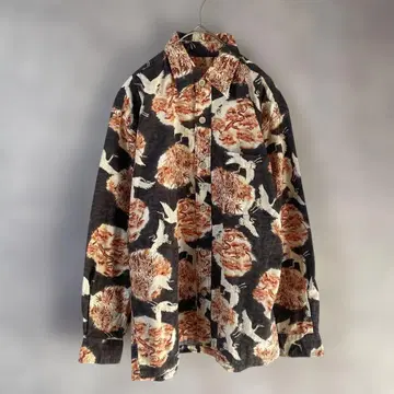 학 패턴 셔츠 긴팔 일본풍 패턴 셔츠 코르크 버튼 M 사이즈 일본제 코튼