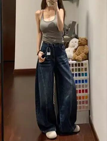 다크 블루 데님 와이드 배럴 데님 한국 패션