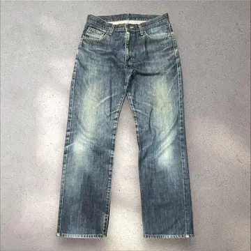 분위기 발군의 빈티지 가공 EDWIN 블루 데님 스트레이트