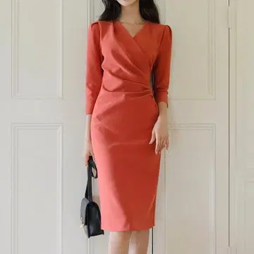 랩 원피스 V넥 셔링 무릎 기장 경사 결혼식 브릭