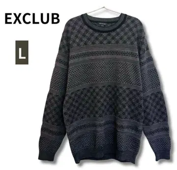 새상품급 니트 스웨터 L 울 일본제 올 패턴 기하학 패턴 블랙 가을/겨울