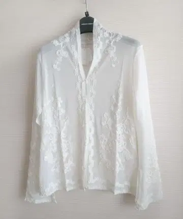 럭셔리 자수 가디건 아이보리 LL 비침 시스루 리본 비즈 긴팔