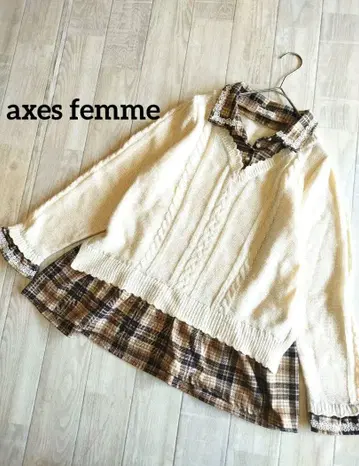 axes femme 레이어드 스타일 상의 모리걸 체크 셔츠 니트