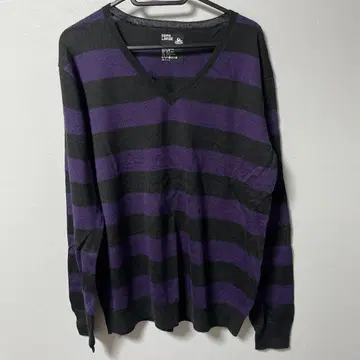 PPFM 신의 의류 L 사이즈 블랙 보라색 스트라이프 V넥 스웨터