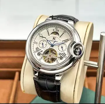 자동 와인딩 손목시계 블랙 가죽 화이트 다이얼