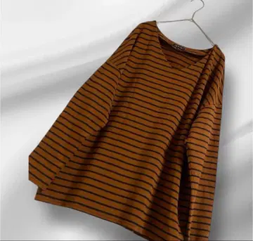 빅 사이즈! INDIVI 보더 티셔츠 V넥 브라운 네이비