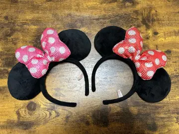 도쿄 디즈니 미니 스팽글 머리띠 핑크 빨간색 리본 도트 2개