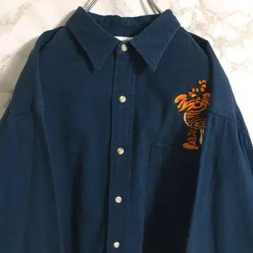 [캐릭터 자수 티거] 디즈니 원포인트 자수 코튼 셔츠 네이비 L