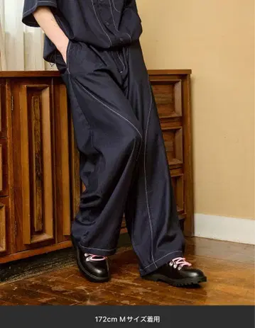 WETTEMPT 커브 스티치 이지 와이드 슬랙스 네이비 M