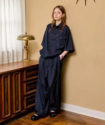 WETTEMPT 커브 스티치 스냅 워크 셔츠 네이비 M