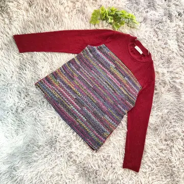 르 리스 [ M ] 프론트 리브 편직 와인색 스트라이프 니트 스웨터