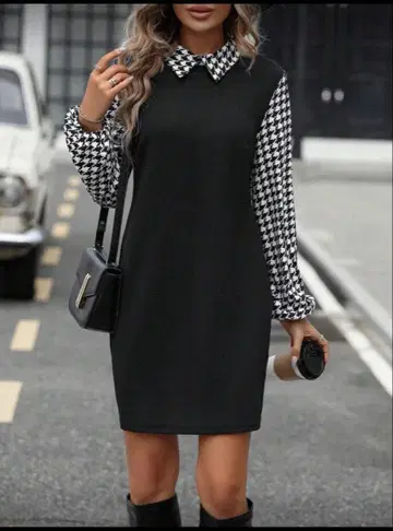 하운드 투스 패턴 소매 미니 원피스