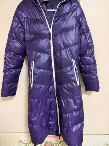 adidas 보라색 후드 부착 롱 다운 자켓