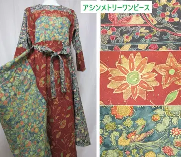 기모노 리메이크 코몬 사용 실크 비대칭 롱 원피스 적청록 꽃무늬