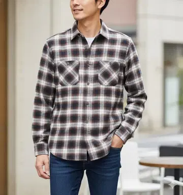 나노 유니버스 체크 셔츠 옴브레 코튼 긴팔 다크 브라운 남성용