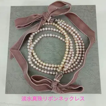 담수 진주 리본 목걸이 금장 장식 SV925 중고품