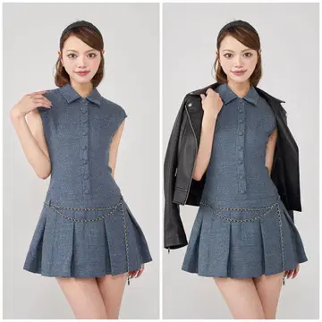 다리치 체인 벨트 트위드 미니 원피스 슬리브리스 네이비