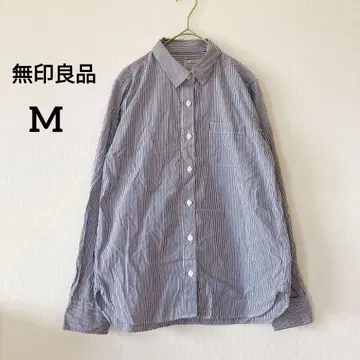 새상품급 무인양품 긴팔 셔츠 스트라이프 M 네이비 코튼 5853