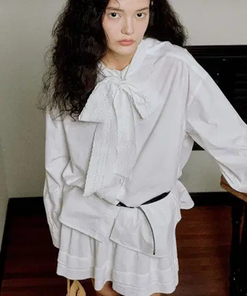 Fano Studios 블라우스 레이스 리본 보타이 코튼 블라우스