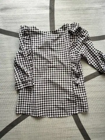 프릴 체크 무늬 오부 소매 셔츠 M 사이즈