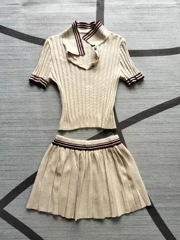 베이지 피케 셔츠 스커트 셋업