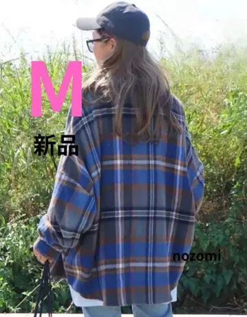 택 포함 새상품 시마무라 nozomi 콜라보 체크 셔츠 블루 M 사이즈