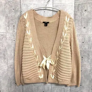 226 H&M 가디건 M 베이지 리본 울 혼방