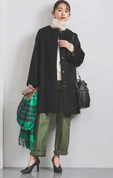 UNITED ARROWS A라인 노카라 미들 기장 코트 블랙 36