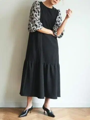 마호로오기노 리프 슬리브 롱 원피스