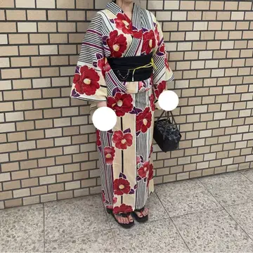 유카타 헤코오비 세트 빨간색 꽃무늬 x 스트라이프