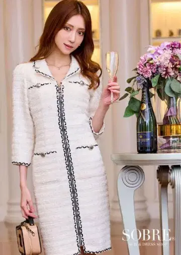 [ 빅 사이즈 ] Soble 트위드 드레스 화이트 프론트 지퍼 2XL