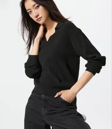 UNIQLO 워셔블 리브 폴로 스웨터 XXL 블랙