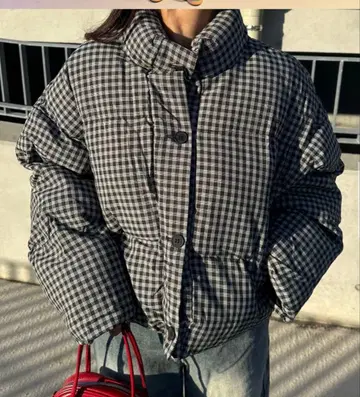 체크 무늬 다운 자켓 숏 기장