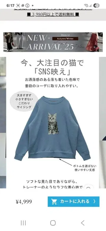 고양이 프린트 블루 니트