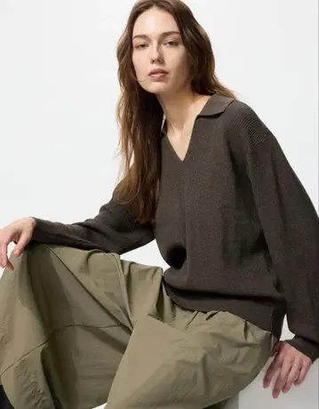 UNIQLO 워셔블 니트 리브 폴로 스웨터 XXL 브라운